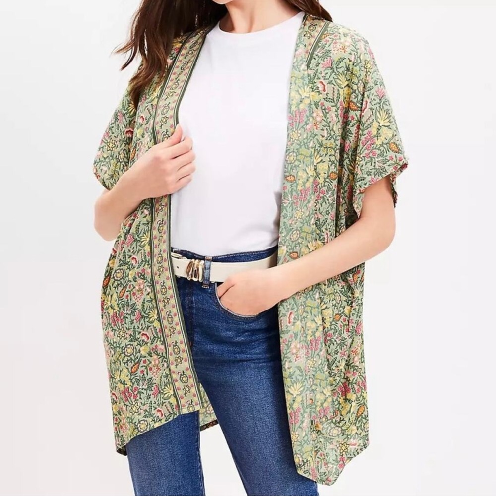 LOFT Garden Kimono Green Neutral Floral Open Front Short Sleeve Womens M/L NWT